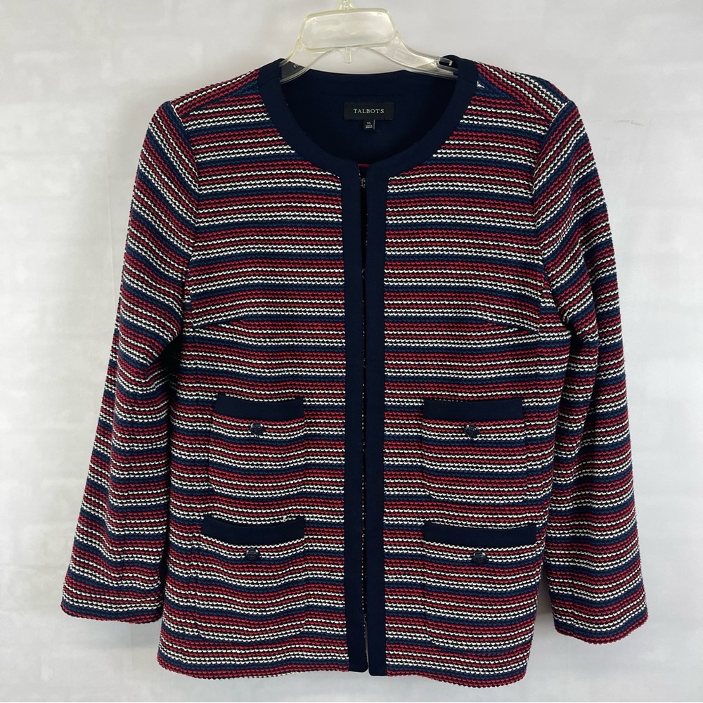Talbots Women’s Striped Knit‎ Open Front Blazer Jacket Navy Red White Size XL